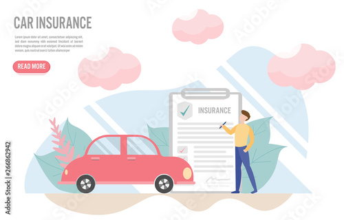 Car insurance concept with character.Creative flat design for web banner.