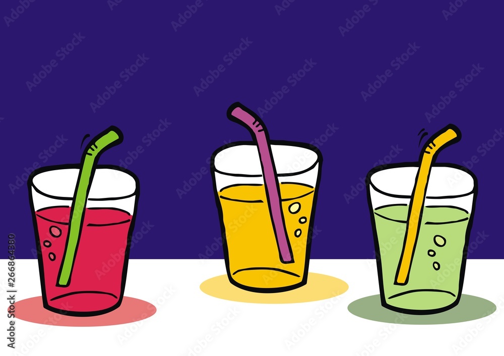 Three goblets, drinks, vector illustration. Three glasses with fruity drinks, several kinds of lemonade. Three goblets, drinks, vector illustration. Three glasses with fruity drinks, several kinds of lemonade.