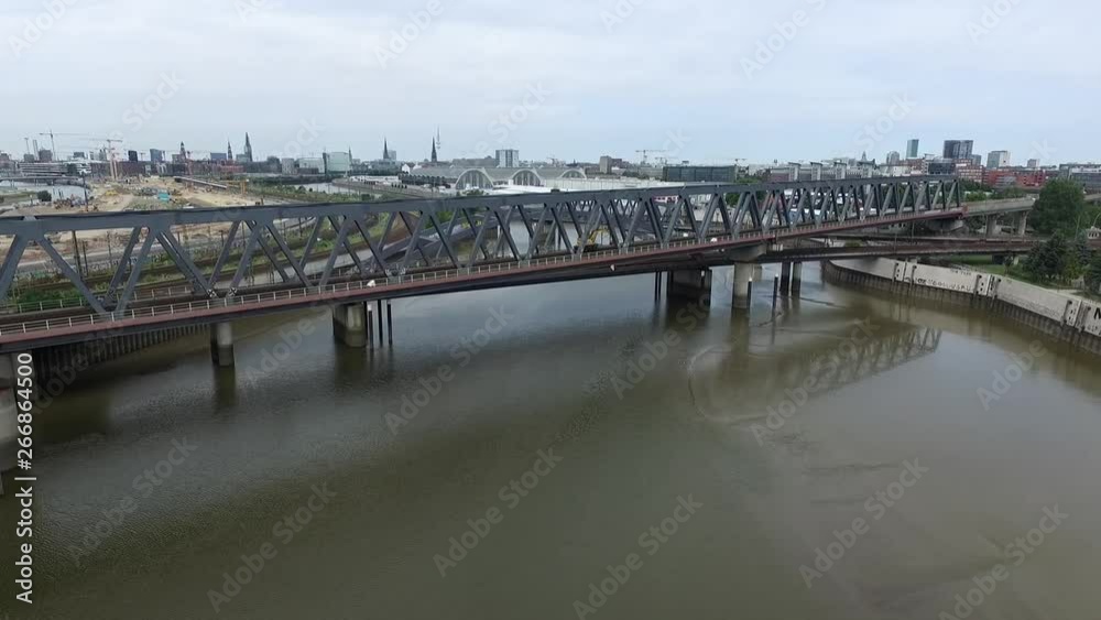 Drone at river train bridge, driving excavator Drone at river train bridge, driving excavator