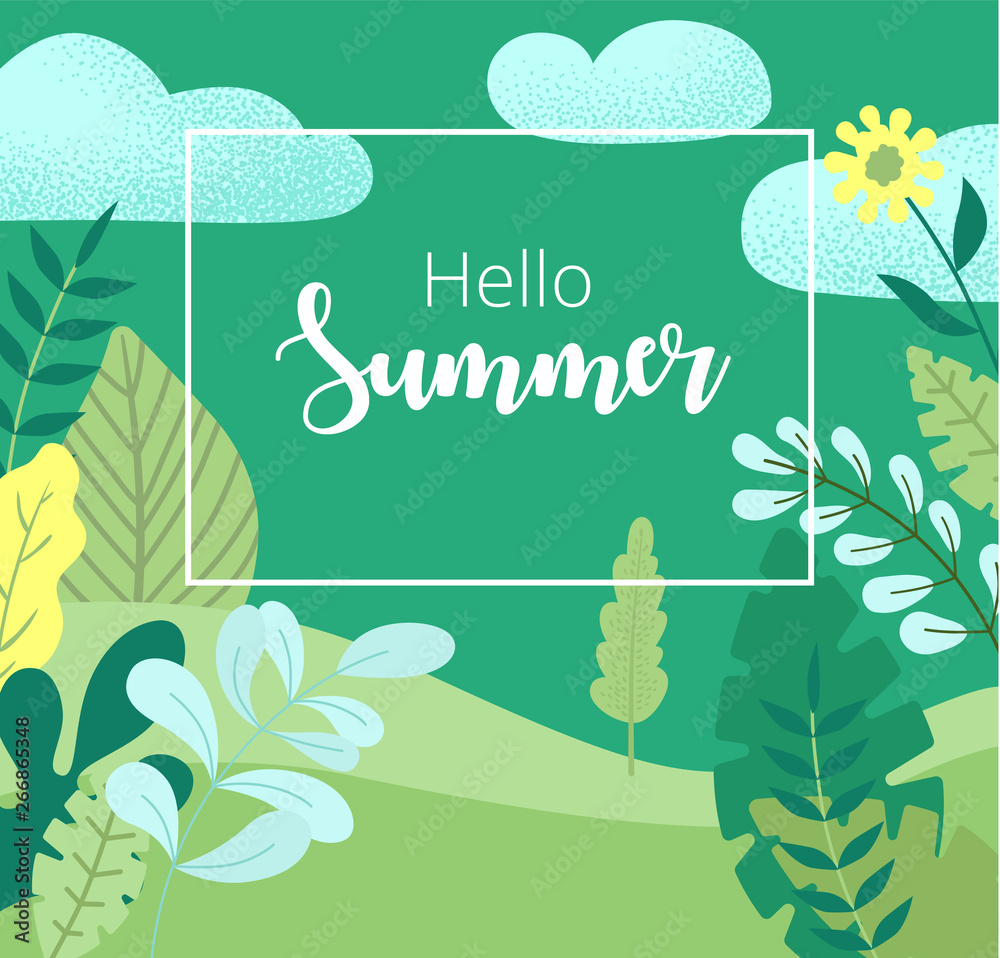 Hello summer. Green card or poster with abstract floral pattern.