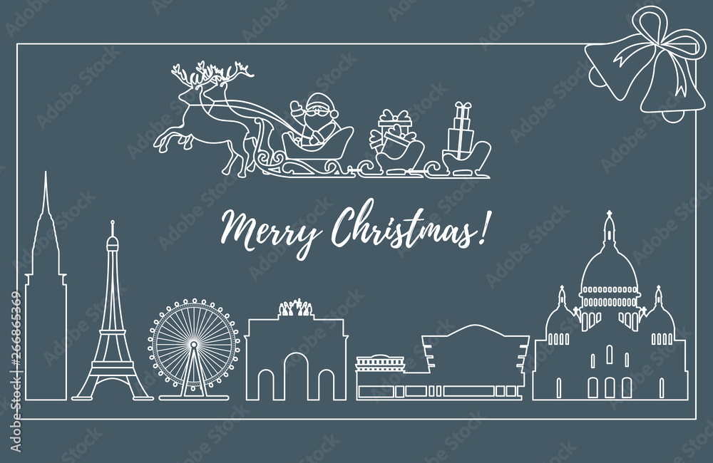 Naklejka premium Santa Claus in sleigh flying over buildings.