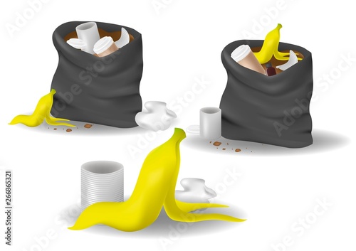 Black garbage bag open with plastic and food waste. Garbage vector realistic set isolated on white background.