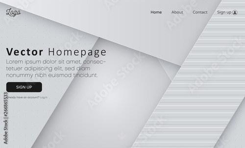 Grey web homepage template with icons and abstract geometric pattern.