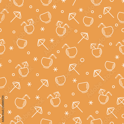 Cute seamless pattern with cocktail in half coconut, tube and umbrella. Travel and leisure.