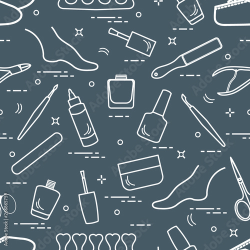 Pattern of manicure and pedicure tools and products for beauty and care.