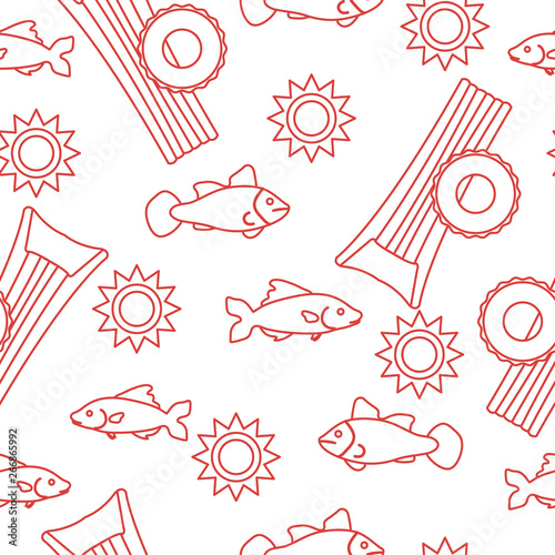 Pattern with fish, sun, inflatable mattress.