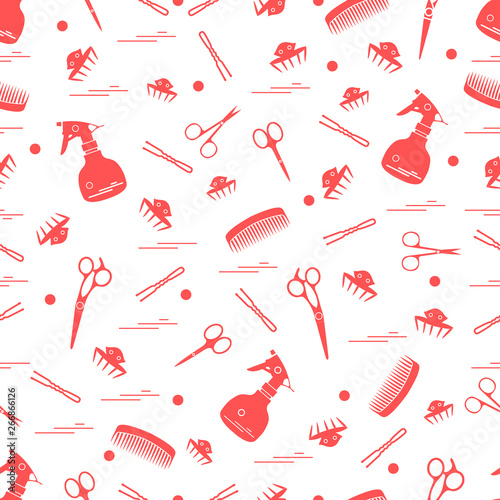 Cute pattern of scissors, combs, hairclip, hairpins and sprayer. For the provision of hairdressing services.