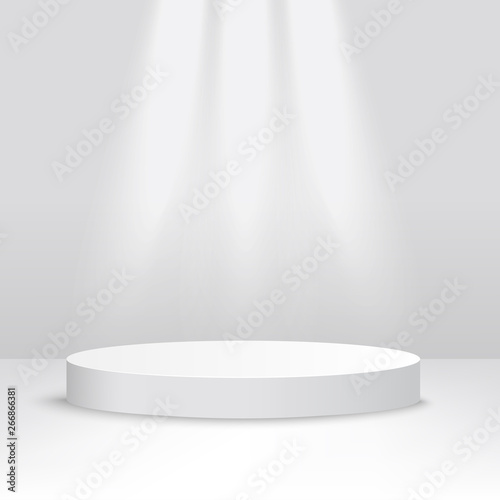 White stage platform lit from above, competition podium for award ceremony or product display