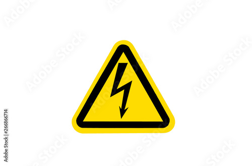 Warning sign of high voltage, yellow triangle with black arrow.