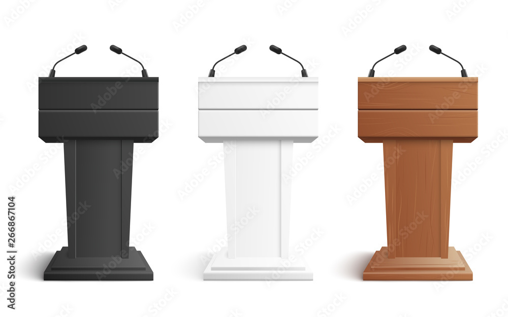 Stage stand or debate podium rostrum with microphones vector