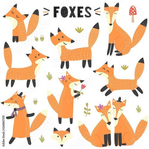 Set of cute foxes. Great for children and kids design. Vector illustration