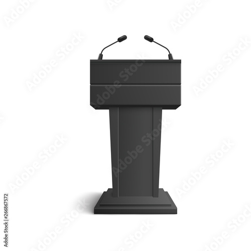 Black stand, tribune and podium with microphones for speeches and speakers.