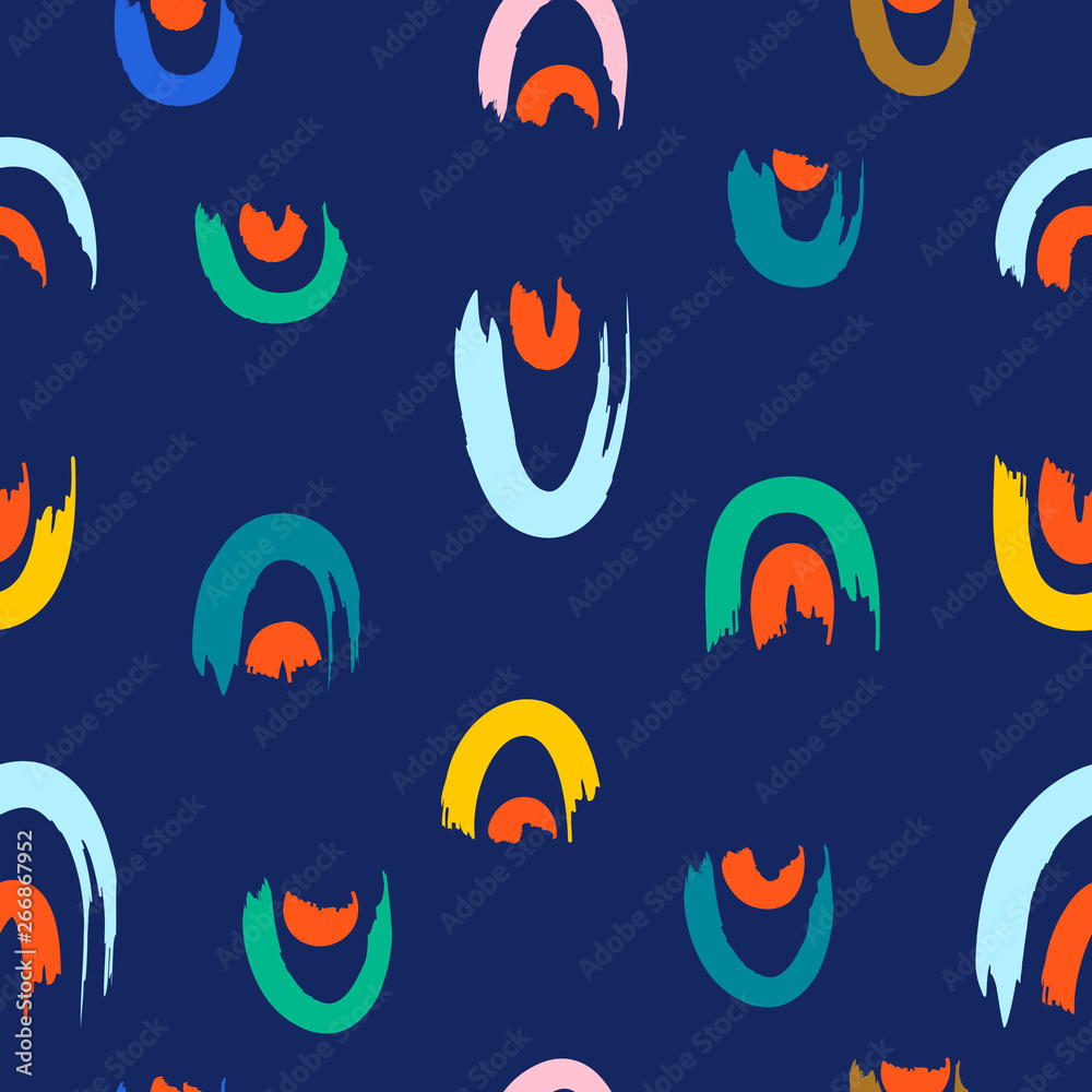 Hand drawn brush strokes seamless pattern. Abstract hand painted brush smear repeat texture in colored on dark blue background. Hand drawn brush strokes seamless pattern. Abstract hand painted brush smear repeat texture in colored on dark blue background.