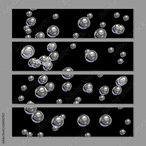 Set of long horizontal bubble backgrounds for web, print and social media. Transparent bubbles on black. Vector template isolated on gray.
