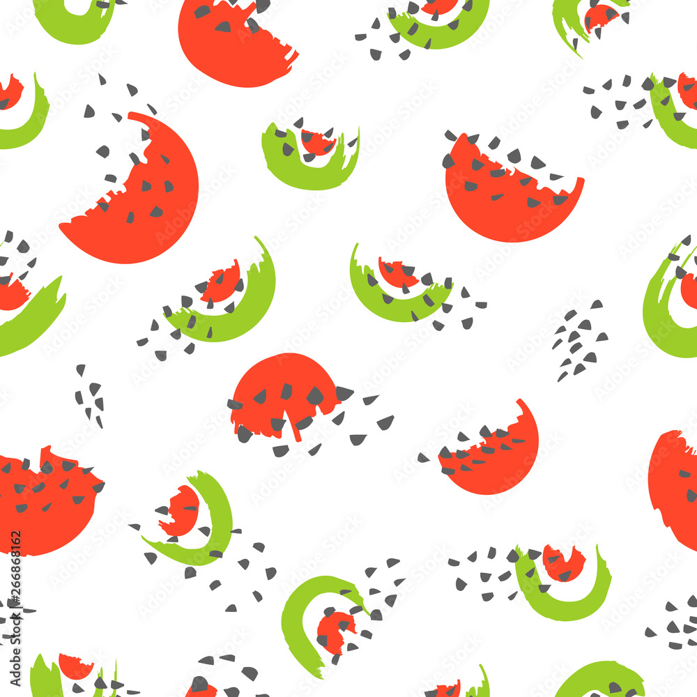 Fototapeta premium Seamless pattern with watermelon and seeds on white background. Vector