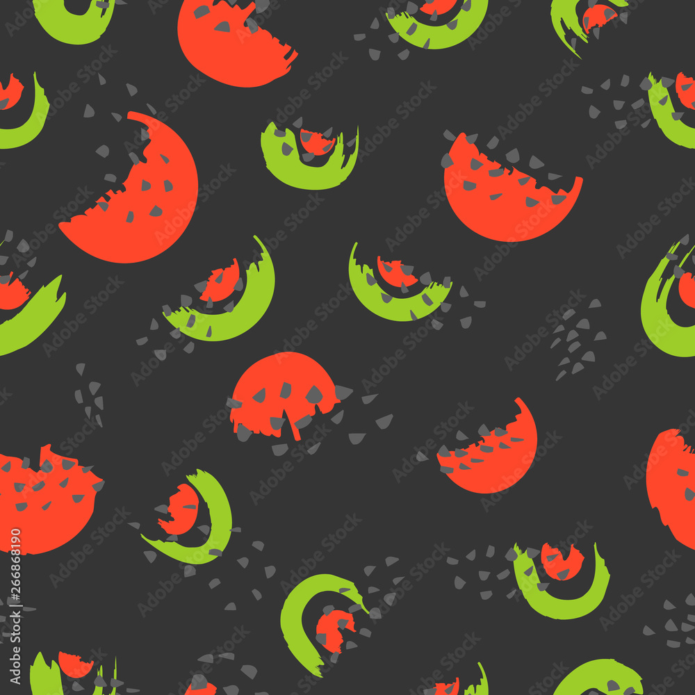 Seamless pattern with watermelon and seeds on black background.