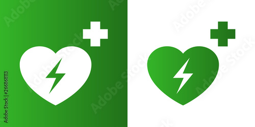 Icono plano símbolo desfibrilador en verde y blanco