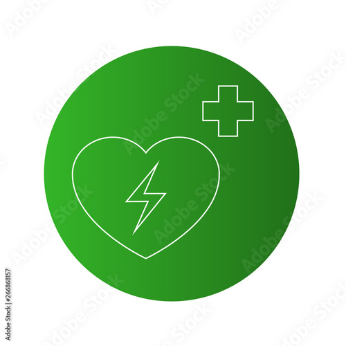 Icono plano lineal símbolo desfibrilador en círculo color verde