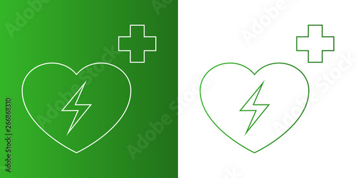 Icono plano lineal símbolo desfibrilador en verde y blanco