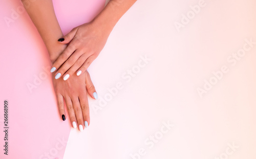 Stylish trendy female white, black and blue manicure. Beautiful young woman's hands on pink and white background.