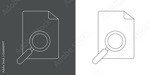 Icono plano lineal lupa y documento en gris y blanco