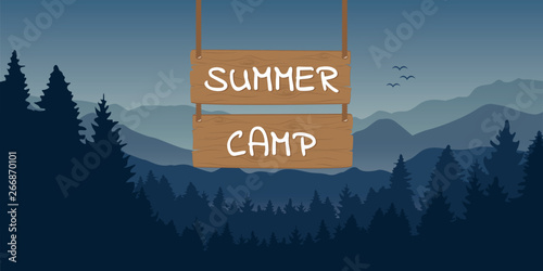 wooden sign with summer camp typography at blue mountain and forest landscape vector illustration EPS10