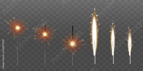 Firework fountain of sparks or pyrotechnic candle vector illustration set isolated.