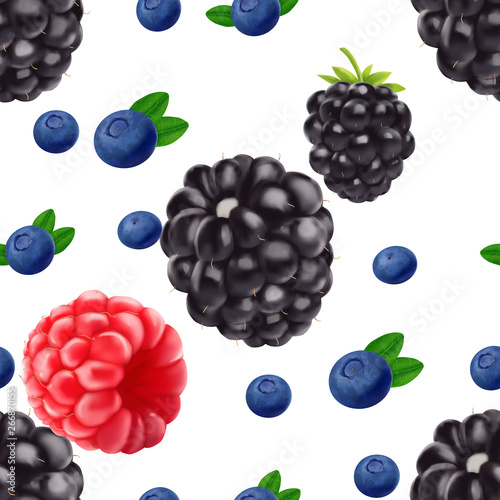 Realistic Blackberry blueberry and raspberry seamless pattern.