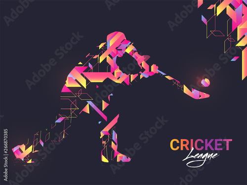 Creative banner or poster design with batsman character in abstract style for Cricket League.