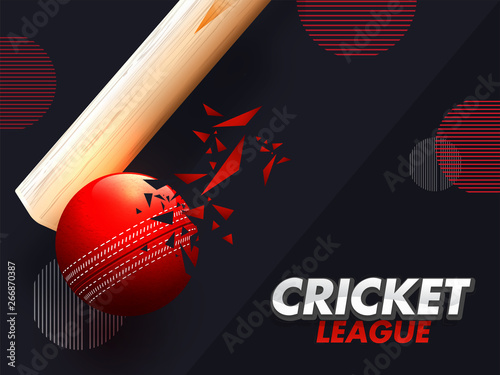 Shiny cricket ball and bat illustration on black abstract background for Cricket League concept.