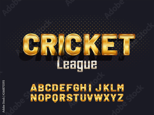 Golden alphabet letters of Cricket League on black background.