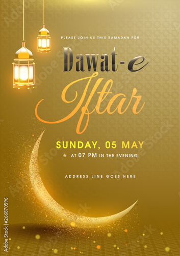 Dawat-E-Iftar invitation card or template design with glittering crescent moon and hanging illuminated lanterns on golden arabic seamless pattern background with event details.