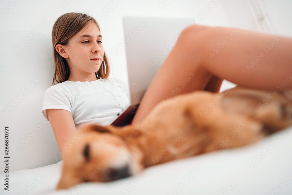 Girl sitting on the bed using laptop and petting her dog Girl sitting on the bed using laptop and petting her dog