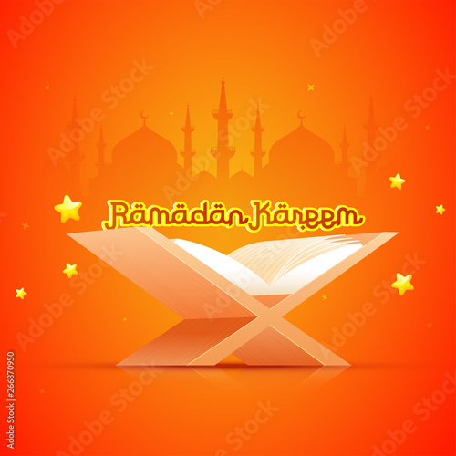 Islamic holy month of fasting, Ramadan Kareem greeting card design with realistic holy book quran on orange background.