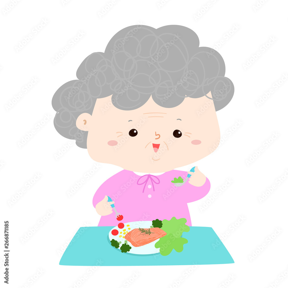 Senior eating healthy food cartoon vector.