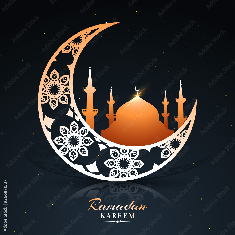 Shiny floral decorative moon on black background with text of Ramadan  kareem, poster or banner design. Stock Vector | Adobe Stock