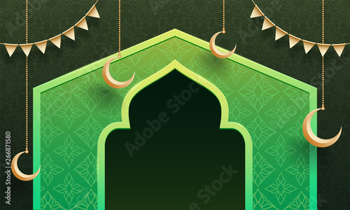 Floral background, illustration of Mosque gate and hanging moon with bunting decoration for Ramadan Kareem Celebration header banner or poster design.