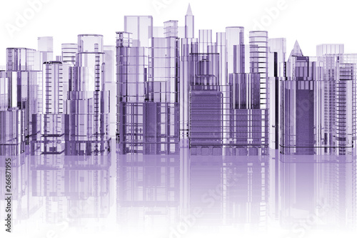 Fotografie skyline città su sfondo bianco con riflesso..