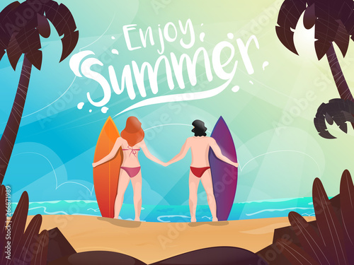 Back view of surfer man and woman together on beach background for Enjoy Summer holiday.