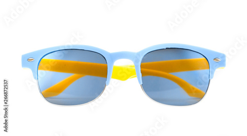 Sun glasses blue yellow isolated on white.