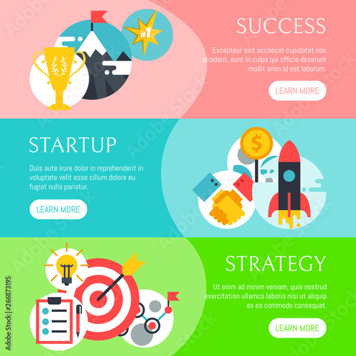 Startup strategy set of banners vector illustration. Digital marketing, srartup planning analytics. Achieving success. Creative team. Development launch for new ideas. Website design.