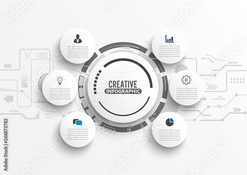 Vector infographic template with 3D paper label, integrated circles. Business concept with 6 options. For content, diagram, flowchart, steps, parts, timeline infographics, workflow, chart.