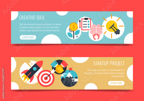 Startup project strategy set of banners vector illustration. Digital marketing, srartup planning analytics. Achieving success. Creative team. Development launch. Website design.