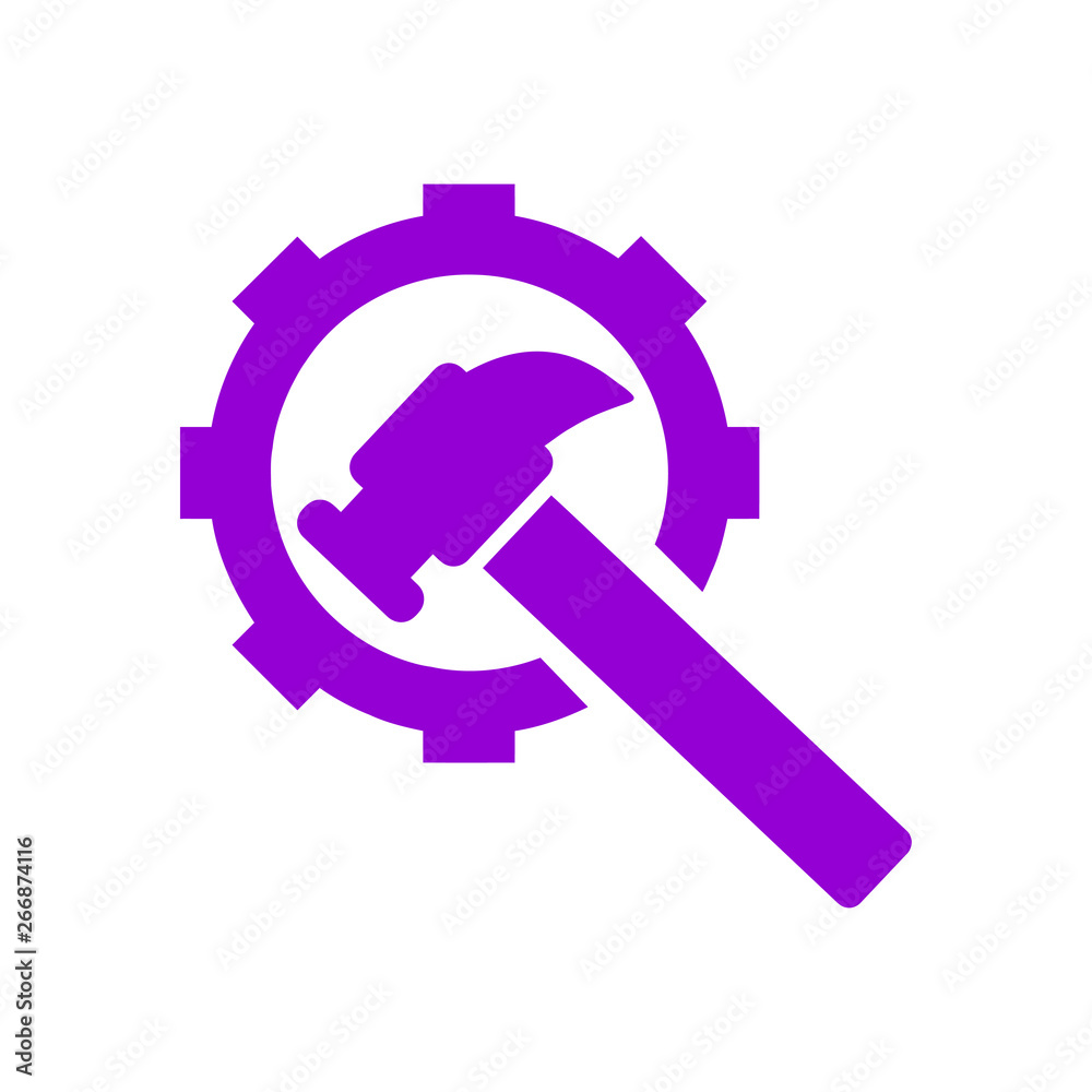 hammer with hand , hammer with gear , service tool , work tool icon 