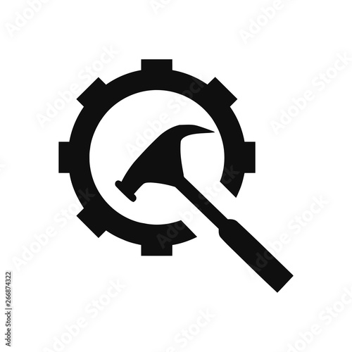 hammer with hand , hammer with gear , service tool , work tool icon 