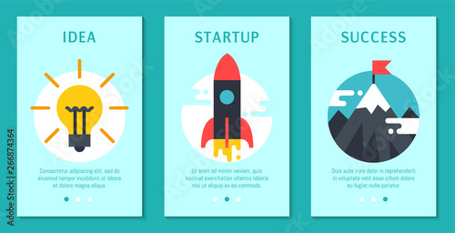 Startup project strategy set of banners, cards vector illustration. Digital marketing, srartup planning analytics. Achieving success. Creative team. Development launch. Website design.