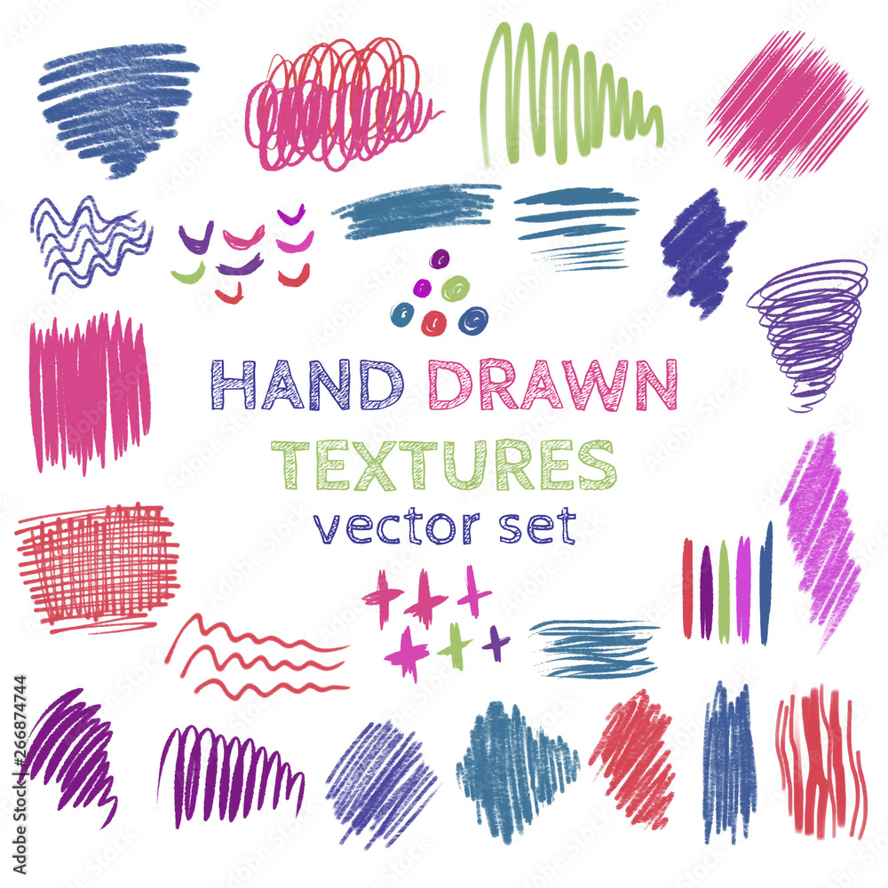 Set of hand drawn design elements. Vector collection of color pencil and ink abstract textures. Set of hand drawn design elements. Vector collection of color pencil and ink abstract textures.