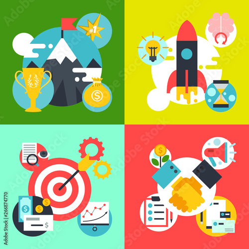 Startup project strategy banner, card vector illustration. Digital marketing, srartup planning analytics. Achieving success, earning money. Creative team. Development launch.