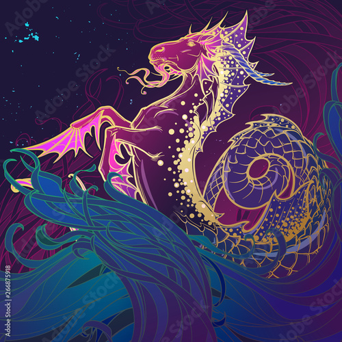Zodiac sign Capricorn. Fantastic sea creature with body of a goat and a fish tail. Ocean waves and a starry nightsky background. Vintage art nouveau style concept art for horoscope or tattoo. photo