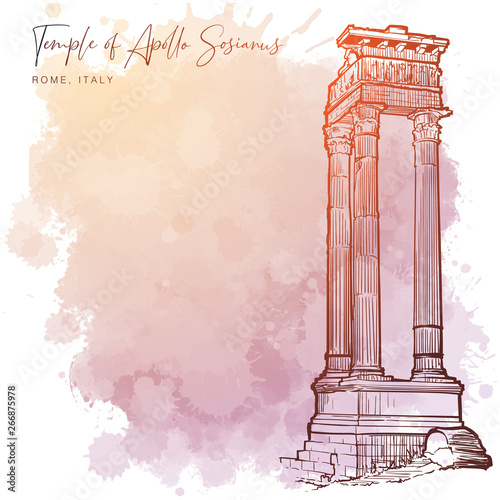 Ruins of the Temple of Apollo Sosianus in Rome, Italy. Monochrome linear drawing isolated on a textured grunge watercolor background. Vintage design. Blank template. EPS10 vector